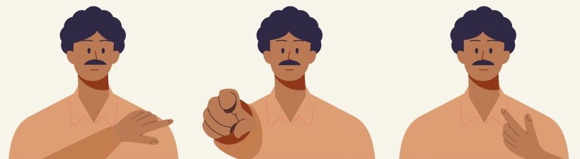 Man pointing to himself, to the listener, and to someone else, illustrating pronouns
